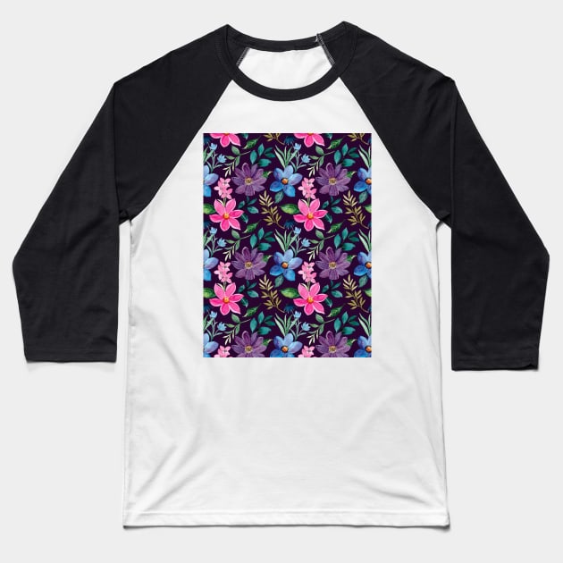 Floral Watercolor Seamless Pattern Baseball T-Shirt by MarjanShop